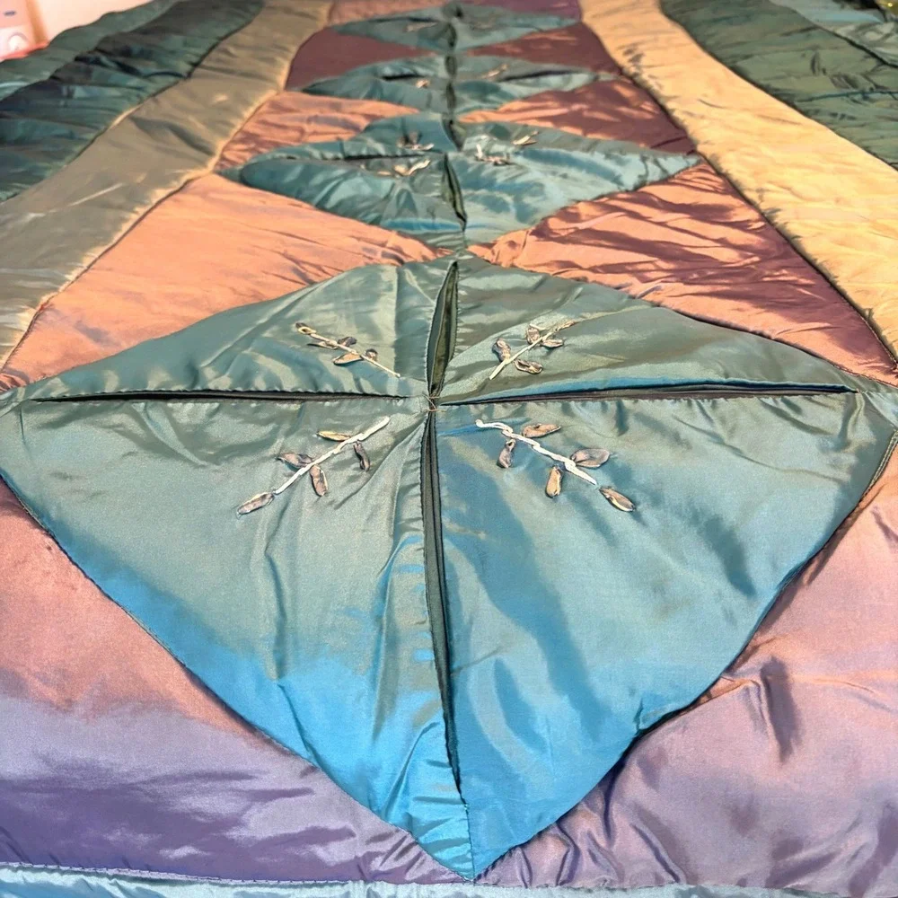 Iridescent Satin Patchwork Comforter Teal Purple Silver Embroidered Quilt Retro